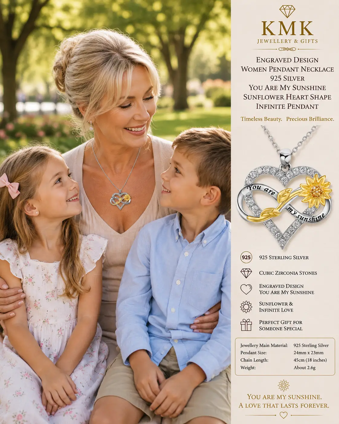 925 Sterling Silver “You Are My Sunshine” Sunflower Heart & Infinity Necklace - Image 4